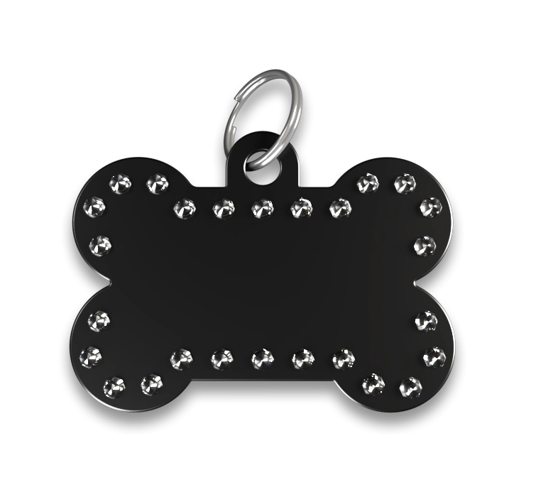 Gegraveerde Hondenpenning Luxe Bot Zwarte luxe botvormige hondenpenning met strasssteentjes en zilveren ring, personaliseerbaar met gegraveerde hondennaam.