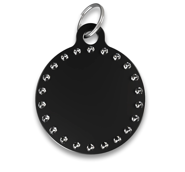 Gegraveerde Hondenpenning Luxe C-Rond Zwarte luxe C-ronde hondenpenning met strasssteentjes en zilveren ring, personaliseerbaar met gegraveerde hondennaam.