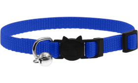 Verstelbare breakaway kattenhalsband in blauw, lichtgewicht, met veiligheidsgesp en kleine zilveren bel.
