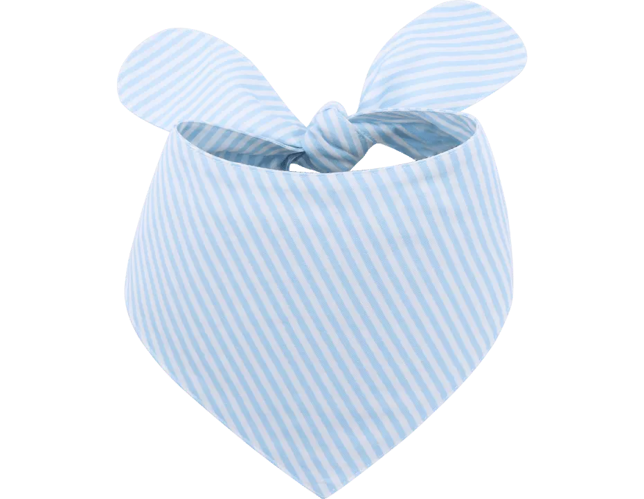 Gepersonaliseerde Stijlvolle Bandana voor Honden met Geborduurde Naam Lichtblauwe en witte gestreepte gepersonaliseerde hondenbandana met knoopsluiting, aanpasbaar met geborduurde naam.