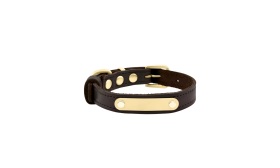 Luxe bruine leren hondenhalsband met gouden ID-plaat, 34-37 cm lang, 1.5 cm breed, voor naamgravure.
