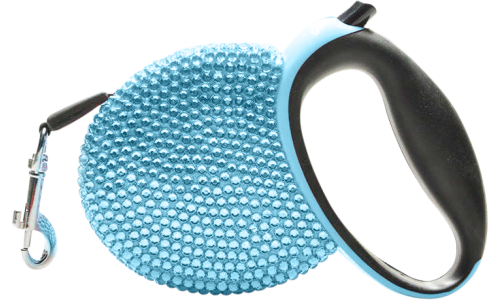 Blauwe luxe oprolbare hondenriem bedekt met sprankelende blauwe rhinestones, met zwart handvat, tot 3 meter.