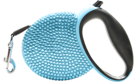 Blauwe luxe oprolbare hondenriem bedekt met sprankelende blauwe rhinestones, met zwart handvat, tot 3 meter.