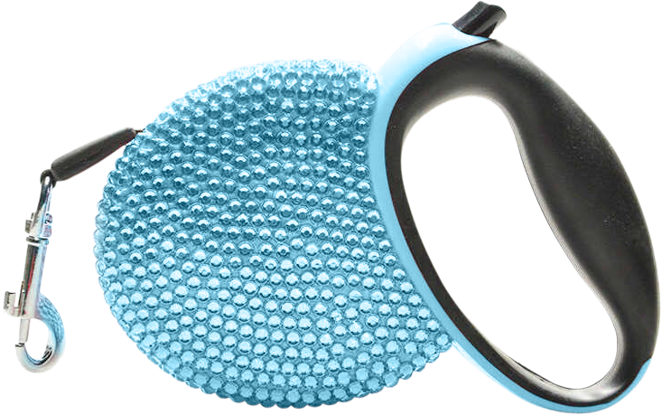 Luxe Bergkristal Intrekbare Hondenlijn Blauwe luxe oprolbare hondenriem bedekt met sprankelende blauwe rhinestones, met zwart handvat, tot 3 meter.