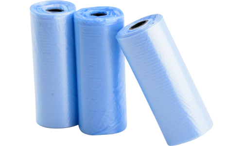 Drie rollen van 15 blauwe hondenpoepzakken, duurzaam en lekbestendig, ideaal voor schone en gemakkelijke afvalverwerking.