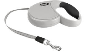 Grijze oprolbare hondenriem met ergonomisch zwart handvat, zachte grip, met comfortabele en zachte grip.