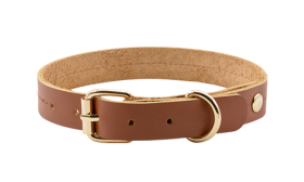 Luxe hondenhalsband van echt leer in bruin/tan, 43-53 cm lang, 3.2 cm breed, met gouden gesp en D-ring voor duurzaamheid.