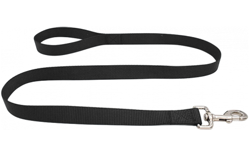 Duurzame zwarte nylon hondenriem 120 cm, makkelijk te reinigen, met comfortabel lus handvat en zilveren haak.