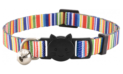 Kleurrijke gestreepte breakaway kattenhalsband met bel, verstelbaar en lichtgewicht, veilig en stijlvol.