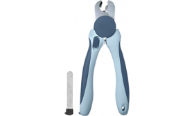 Blauwe hondennagelknipper met ergonomisch handvat en veiligheidsring, met metalen vijl, geschikt voor honden en katten.