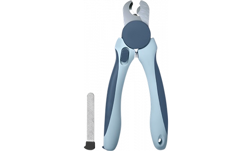 Blauwe hondennagelknipper met ergonomisch handvat en veiligheidsring, met metalen vijl, geschikt voor honden en katten.