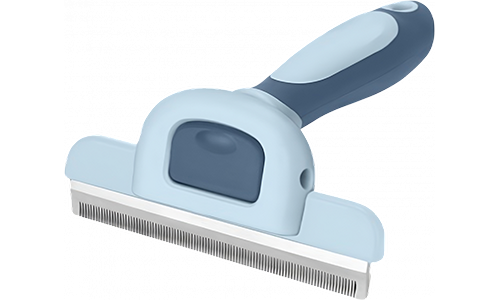 Blauwe hondenborstel met fijne metalen tanden en ergonomisch handvat, ontworpen voor het verwijderen van losse vacht.