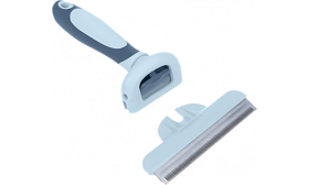 Blauwe hondenborstel met afneembaar metalen mes en ergonomisch handvat, voor het verwijderen van losse vacht.