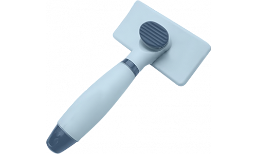 Blauwe zelfreinigende slickerborstel voor honden en katten, met handvat en schoonmaakknop voor vachtverwijdering.