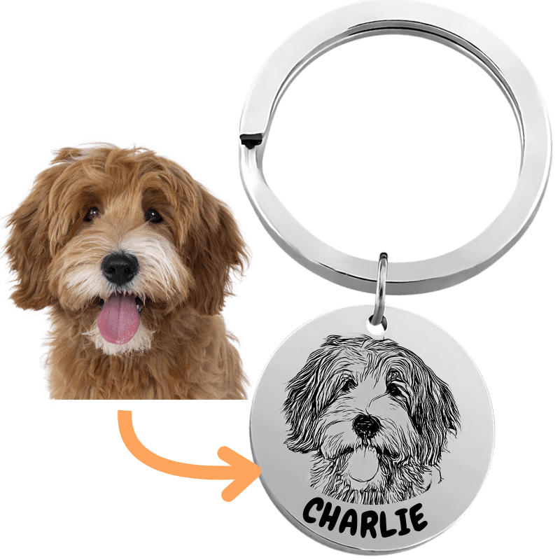 Gepersonaliseerde honden sleutelhanger – hondenfoto als gegraveerde tekening