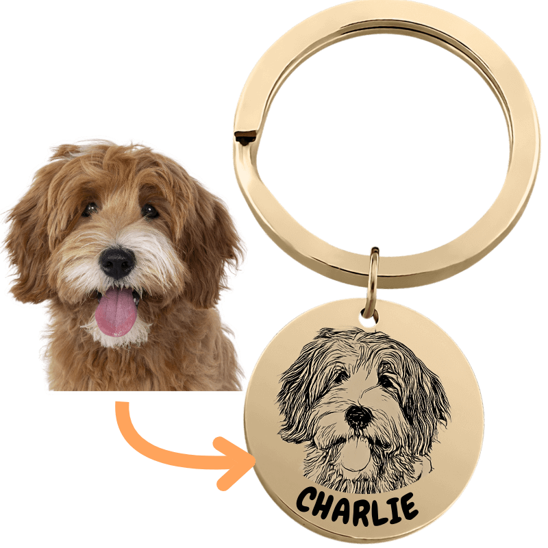 Gepersonaliseerde honden sleutelhanger – hondenfoto als gegraveerde tekening