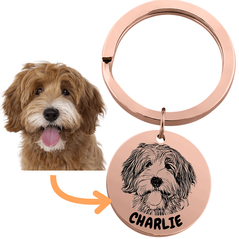 Gepersonaliseerde honden sleutelhanger – hondenfoto als gegraveerde tekening