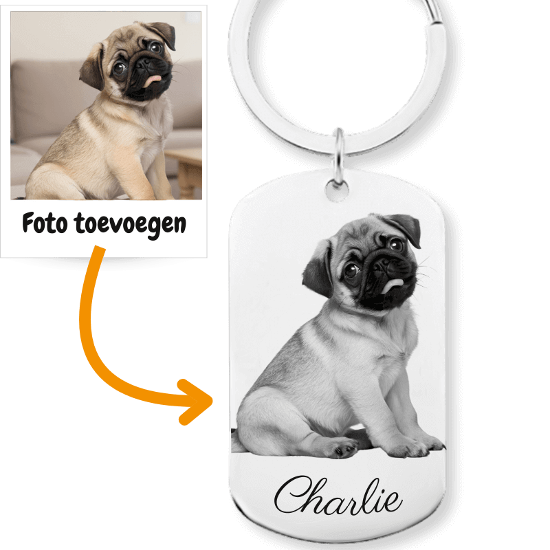 Gepersonaliseerde honden sleutelhanger met gegraveerde foto en naam van de hond